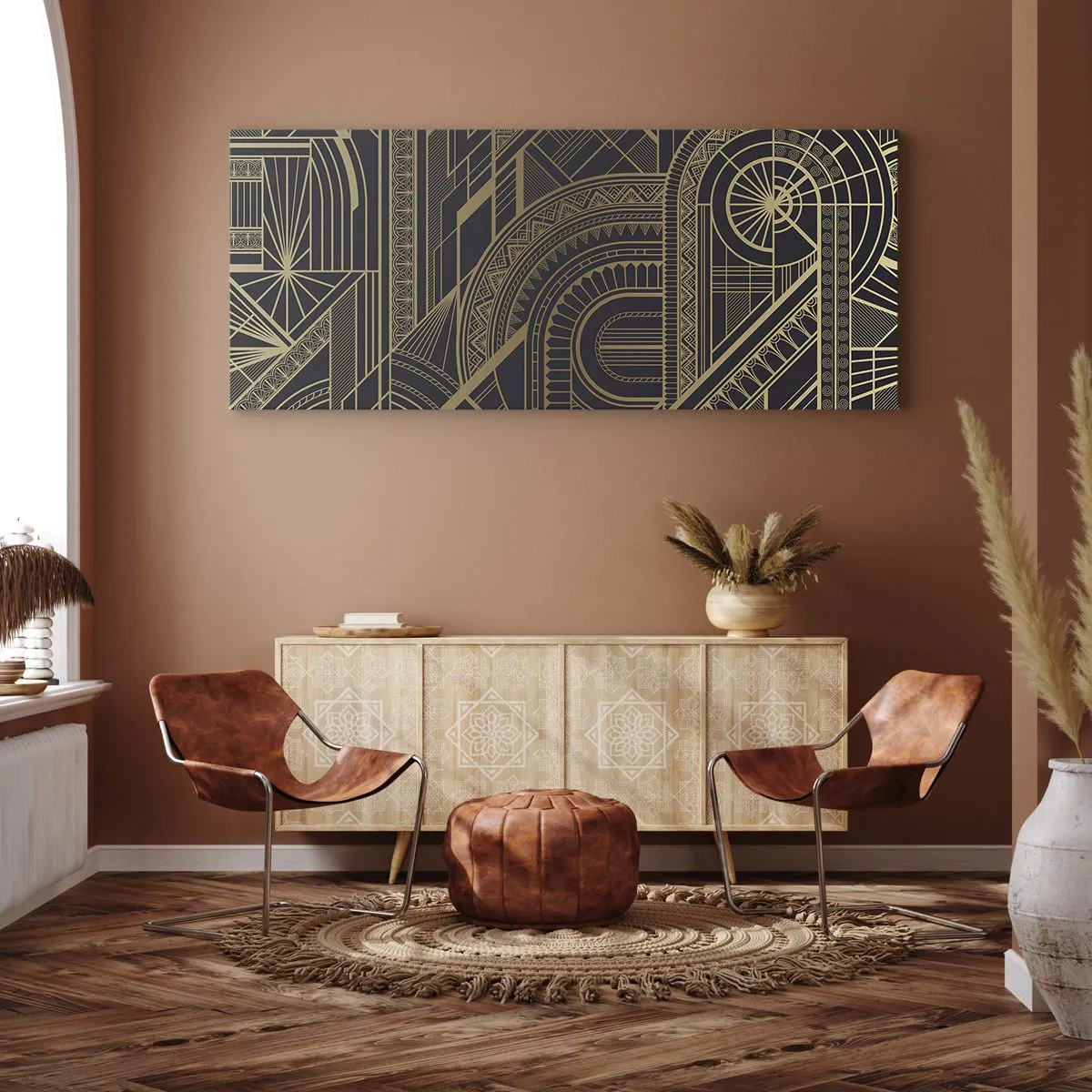 Obraz na płótnie - Złote geometryczne wzory na czarnym tle w stylu art deco - 160x50cm - Koncepty, idee, plany - Nowoczesna dekoracja ścienna do salonu i sypialni ARTTOR