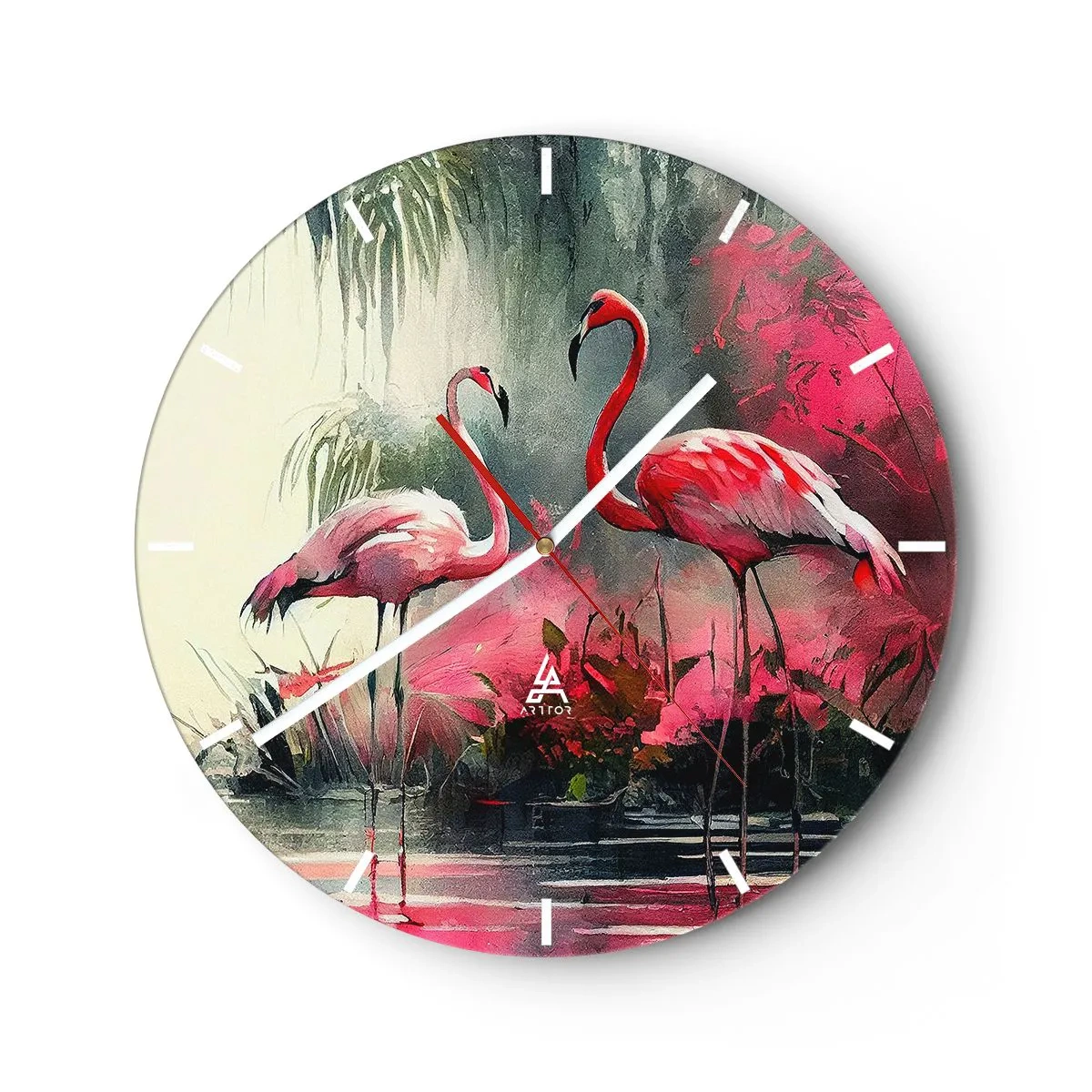 Zegar ścienny - Dwa flamingi w egzotycznym, różowym otoczeniu - 30x30cm - Lekcja naturalnego wdzięku - Nowoczesna dekoracja ścienna do salonu, kuchni i sypialni ARTTOR