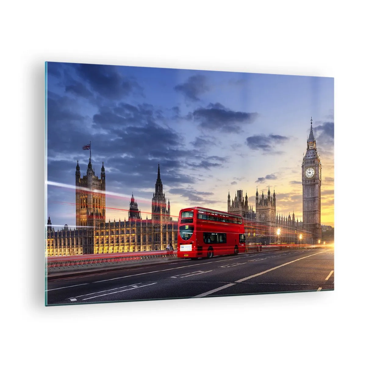 Obraz na szkle - Big Ben i czerwony autobus w Londynie o zachodzie słońca - 70x50cm - Znaki szczególne - Nowoczesna dekoracja ścienna do salonu i sypialni ARTTOR