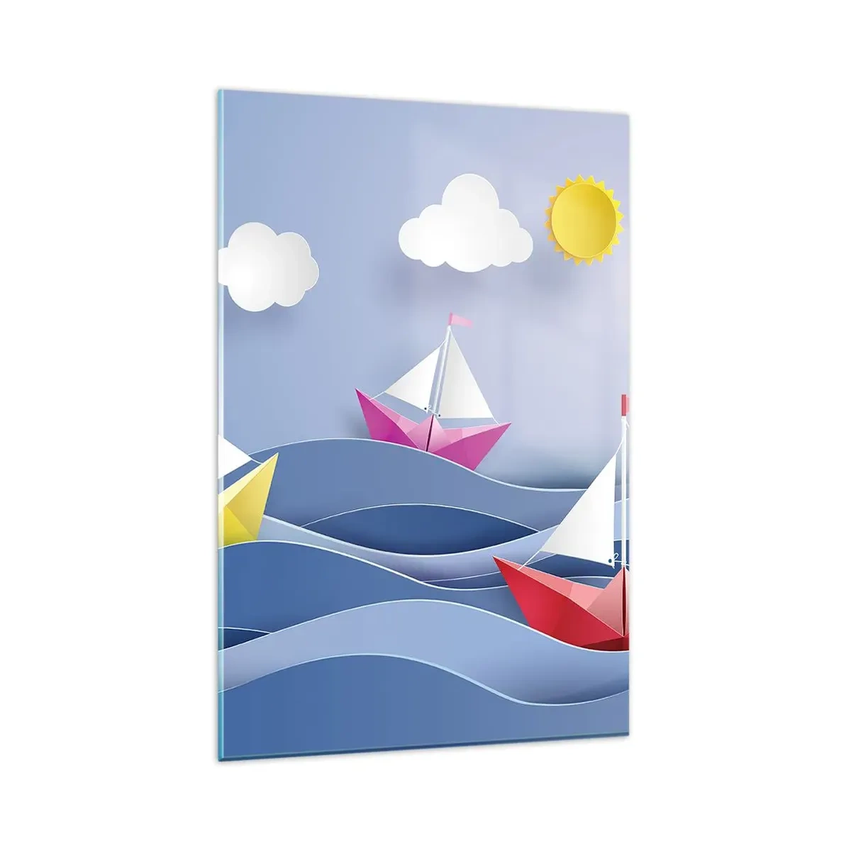 Obraz na szkle - Kolorowe żaglówki na falach w słoneczny dzień - 80x120cm - Ach, jak przyjemnie kołysać się wśród fal - Nowoczesna dekoracja ścienna do salonu i sypialni ARTTOR