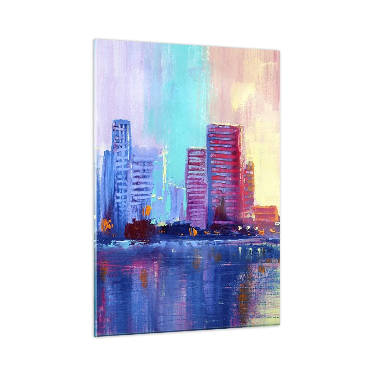 Obraz na szkle - Nowoczesne miasto w intensywnych barwach odbijające się w wodzie - 50x70cm - Skąpane w barwach - Nowoczesna dekoracja ścienna do salonu, kuchni i sypialni ARTTOR