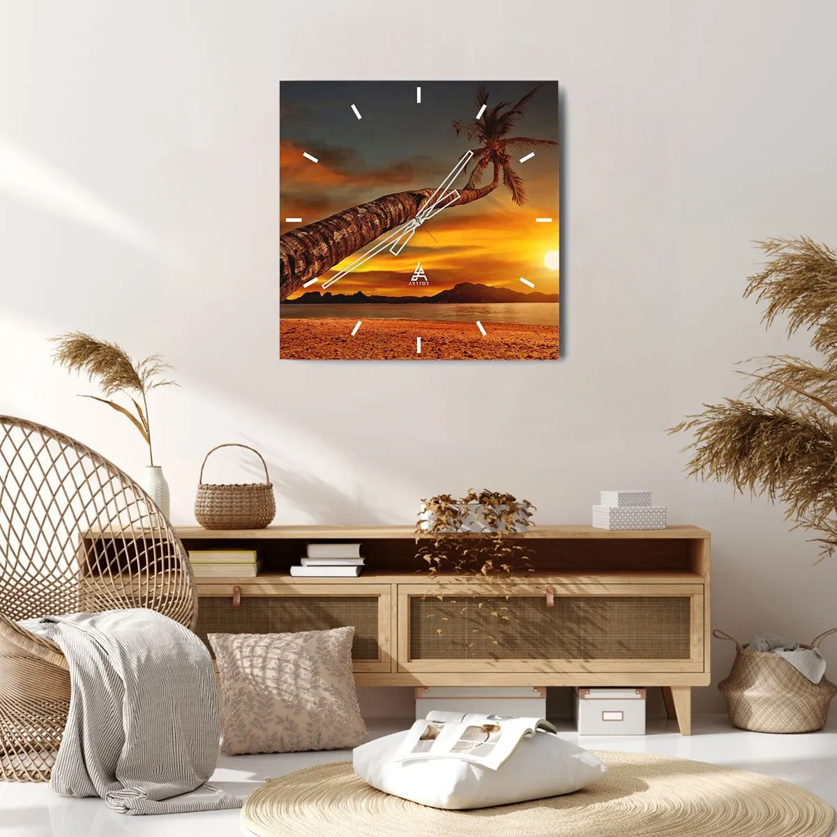 Zegar ścienny - Palma na plaży o zachodzie słońca z widokiem na morze - 30x30cm - Egzotyczne wakacje, karaibska przygoda - Nowoczesna dekoracja ścienna do salonu i sypialni ARTTOR