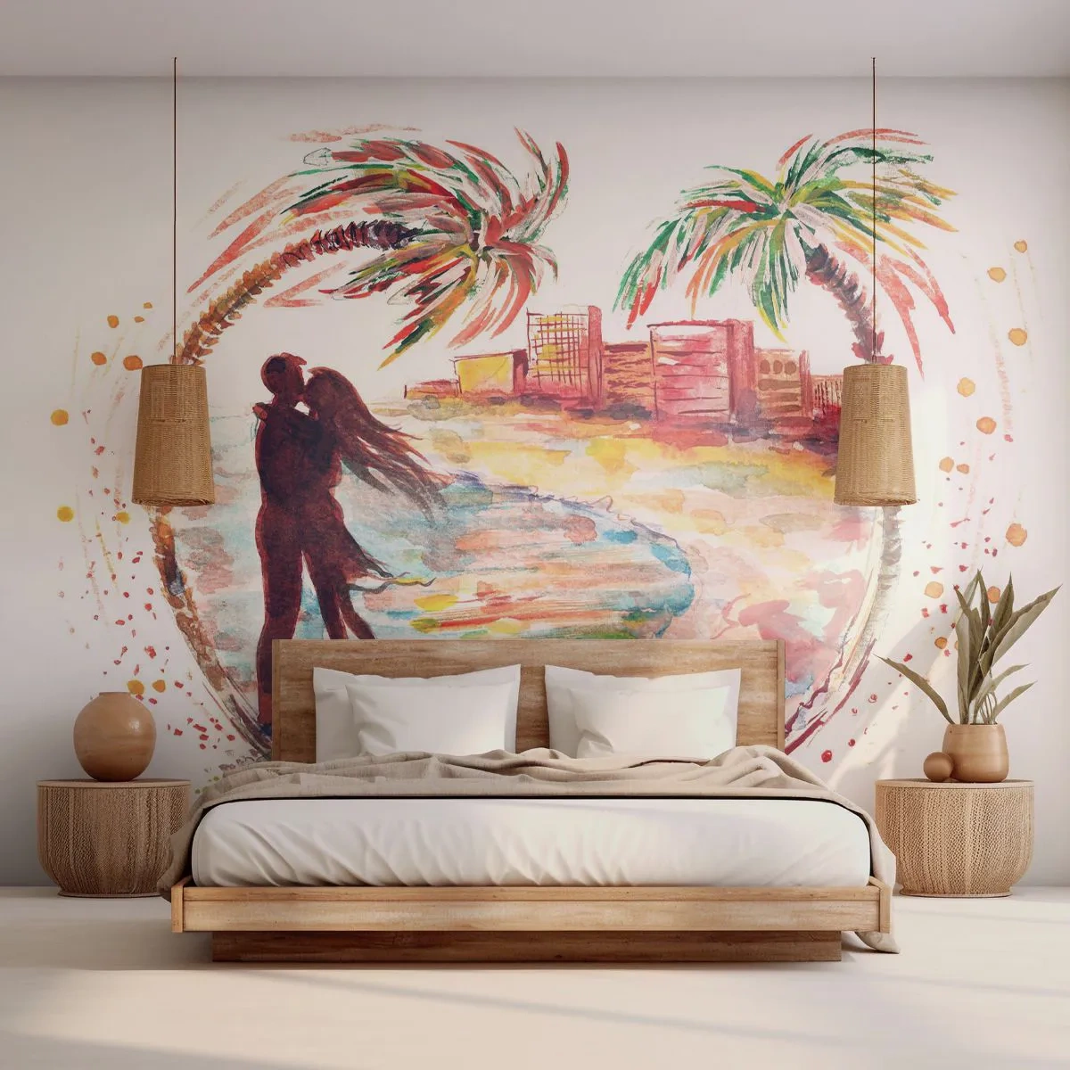Fototapeta Premium Sand - Romantyczna para na plaży w akwarelowym stylu - 100x70cm - Romantyczne wakacje - Nowoczesna dekoracja ścienna do salonu, kuchni i sypialni ARTTOR