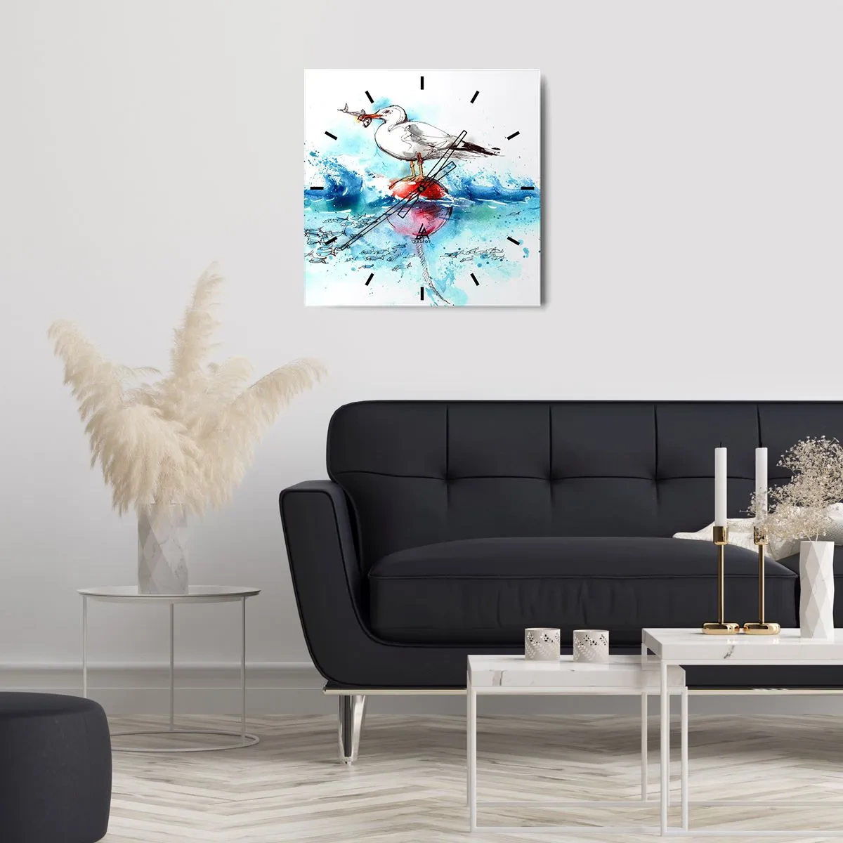 Zegar ścienny - Mewa na boi z rybami w tle w akwarelowym stylu - 30x30cm - Udany połów - Nowoczesna dekoracja ścienna do salonu i sypialni ARTTOR