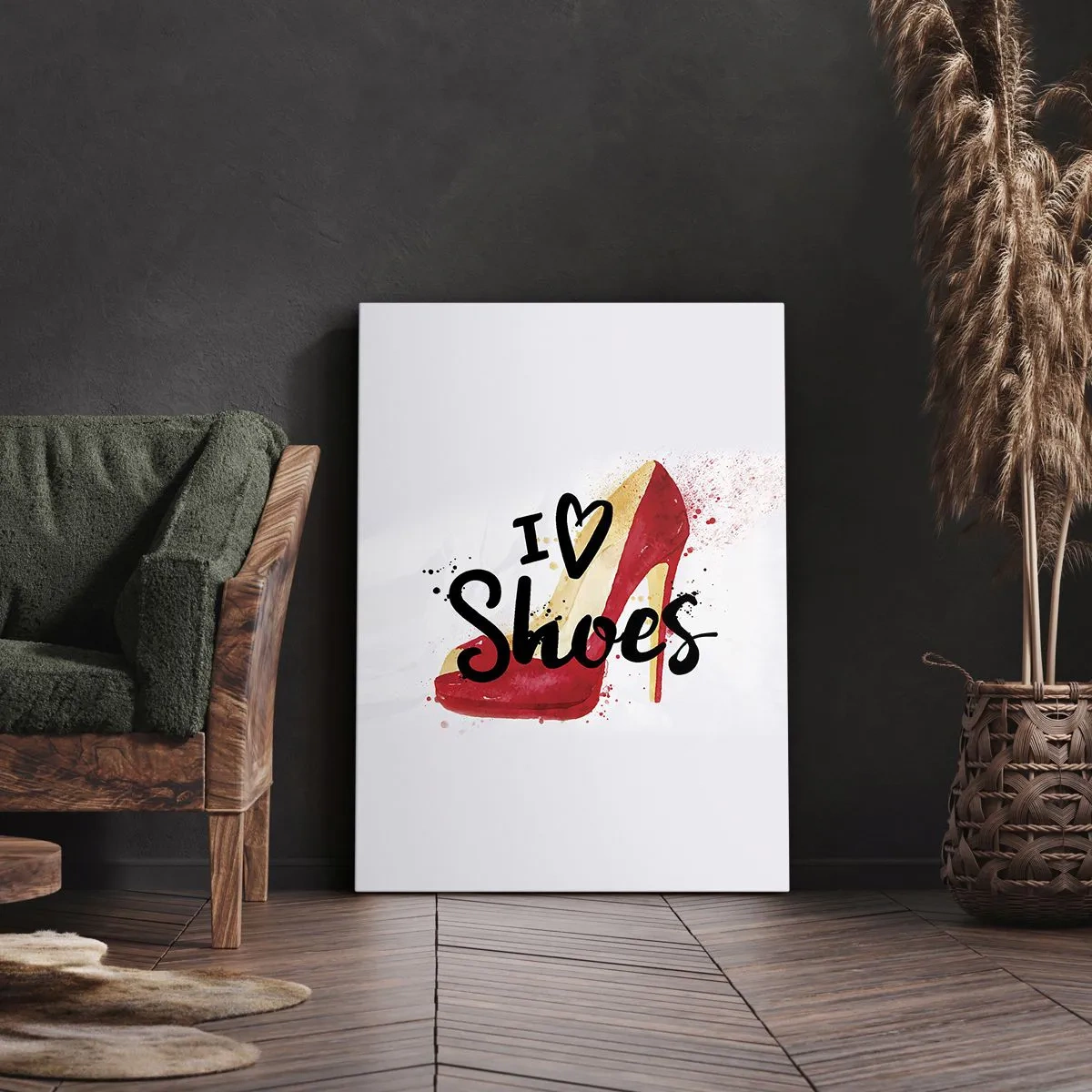 Obraz na płótnie - Czerwony szpilkowy but i napis I ♥ Shoes na białym tle - 50x70cm - Miłość niejedno ma imię - Nowoczesna dekoracja ścienna do salonu, kuchni i sypialni ARTTOR