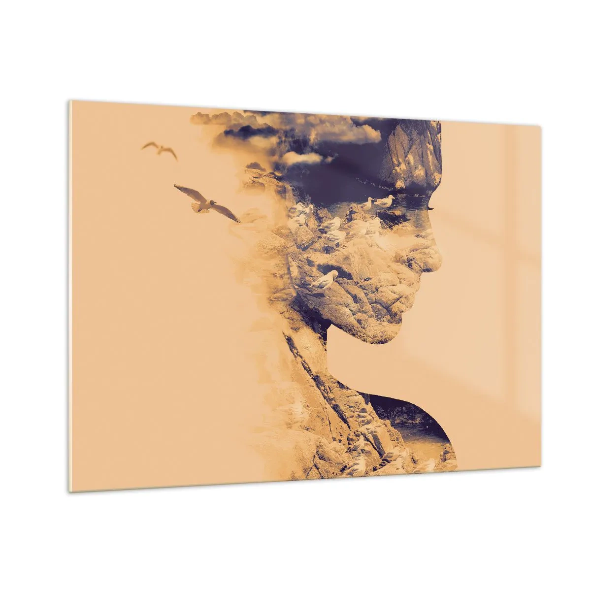 Obraz na szkle - Sylwetka kobiety z motywem krajobrazu i ptakami - 100x70cm - Piękna z natury - Nowoczesna dekoracja ścienna do salonu, kuchni i sypialni ARTTOR