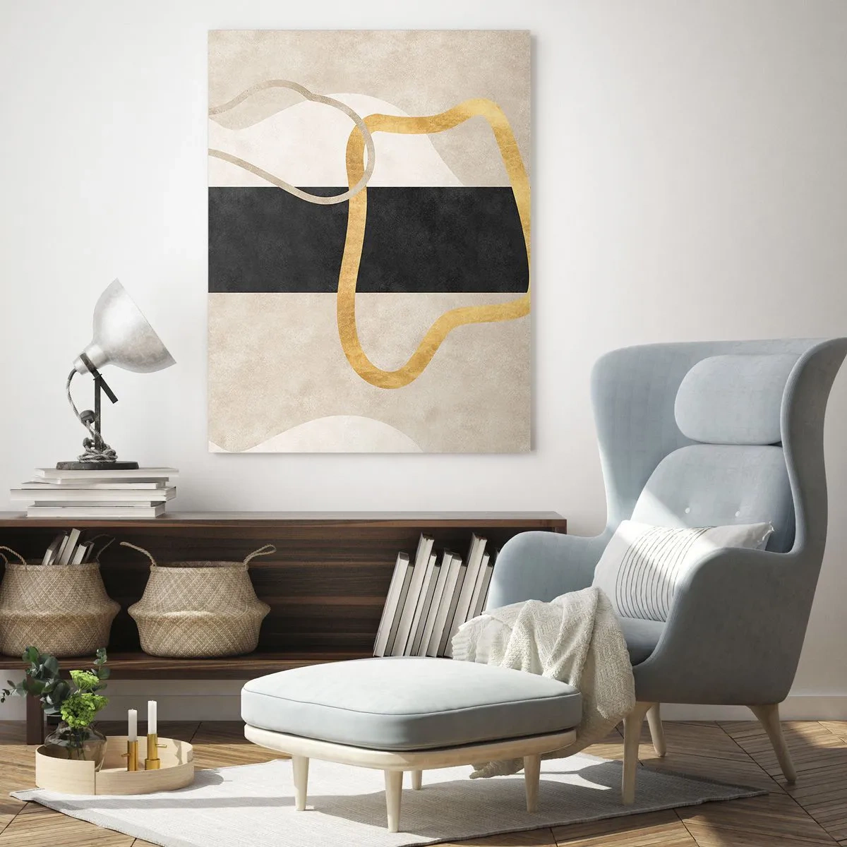 Obraz na szkle - Złote i beżowe linie tworzące zapętlone formy na tle czarnego paska - 50x70cm - Kształty zapętlone - Nowoczesna dekoracja ścienna do salonu, kuchni i sypialni ARTTOR