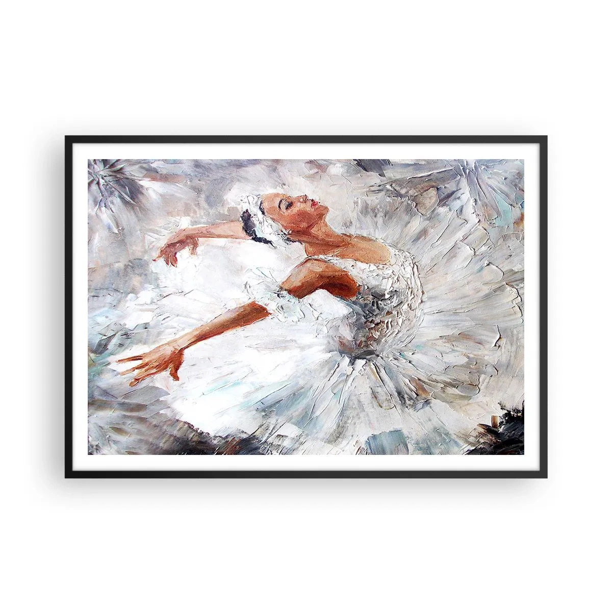 Plakat w czarnej ramie - Baletnica w białej sukni podczas tańca - 100x70cm - Delikatna i lekka jak tiul - Nowoczesna dekoracja ścienna do salonu i sypialni ARTTOR