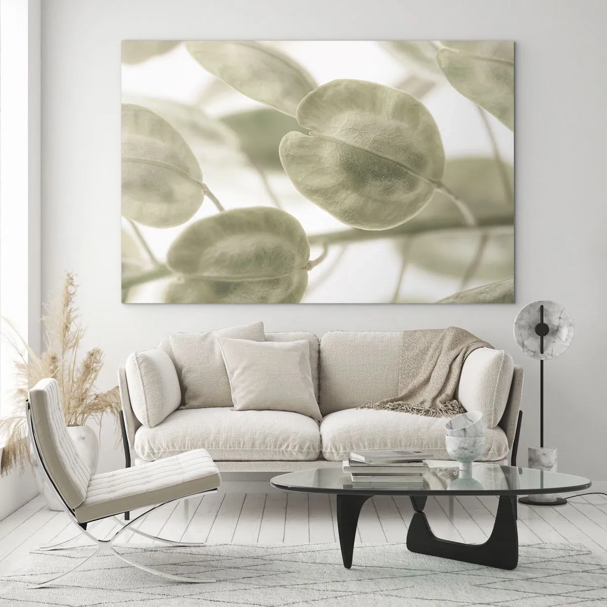 Obraz na szkle - Zbliżenie liści w delikatnych pastelowych odcieniach zieleni - 70x50cm - Na początku były listki… - Nowoczesna dekoracja ścienna do salonu i sypialni ARTTOR