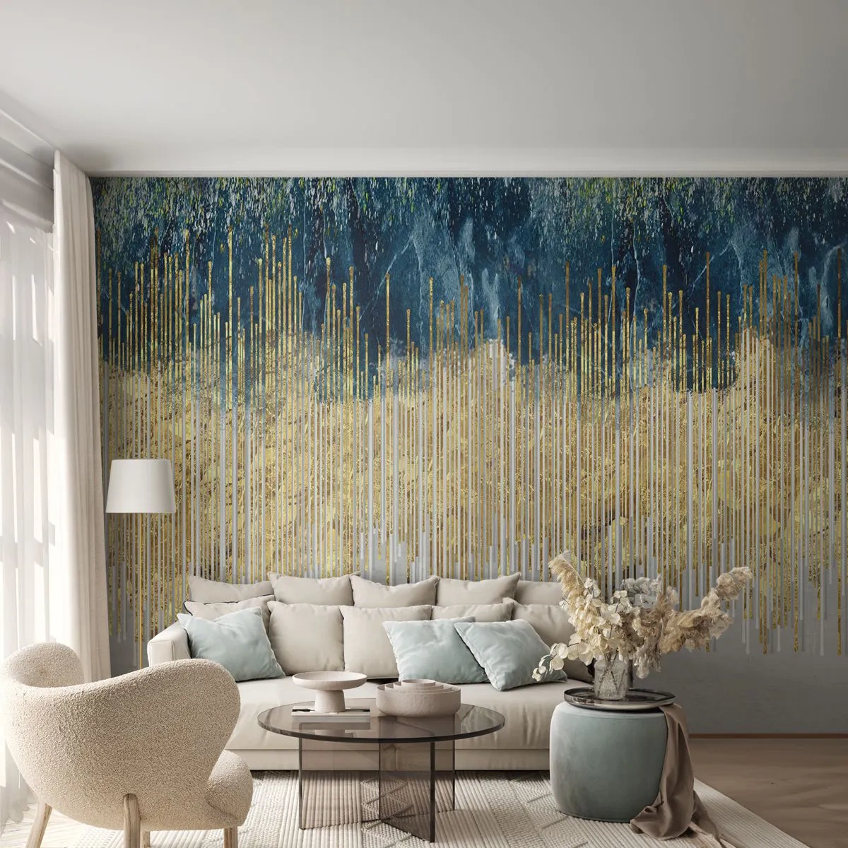 Fototapeta Premium Sand - Złote linie na tle granatowo-szarej abstrakcji - 100x70cm - Wyzłocona granica - Nowoczesna dekoracja ścienna do salonu, kuchni i sypialni ARTTOR