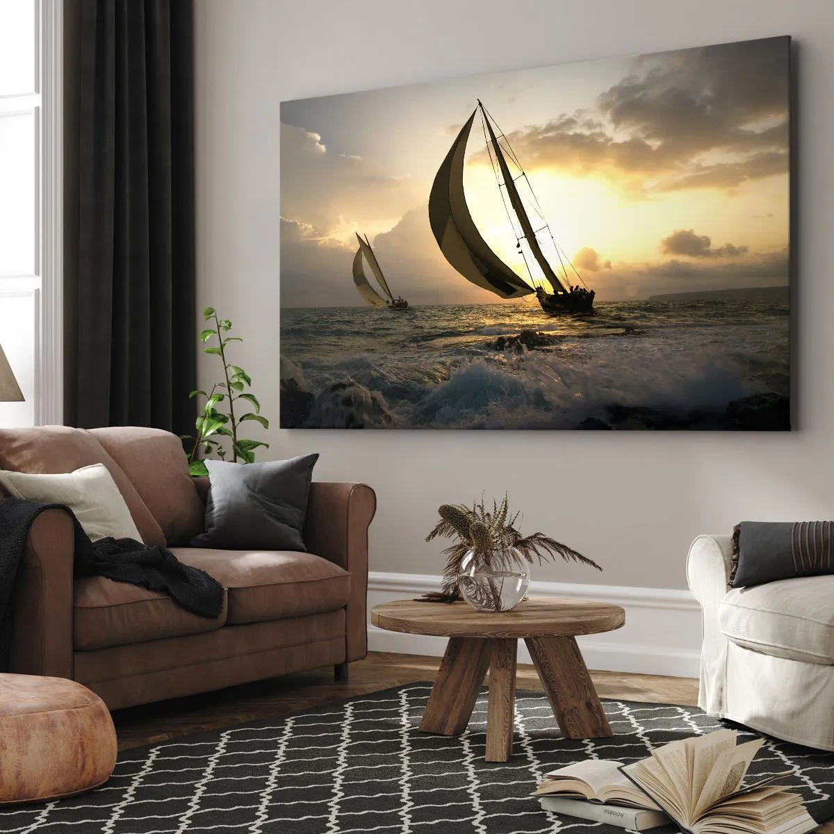 Obraz na płótnie - Żaglówki na morzu podczas zachodu słońca - 70x50cm - Z wiatrem i pod wiatr - Nowoczesna dekoracja ścienna do salonu i sypialni ARTTOR