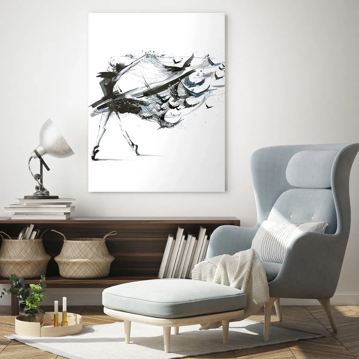 Obraz na szkle - Tancerka w ruchu z unoszącymi się ptakami - 50x70cm - Magia muzyki uwalnia od czaru - Nowoczesna dekoracja ścienna do salonu, kuchni i sypialni ARTTOR