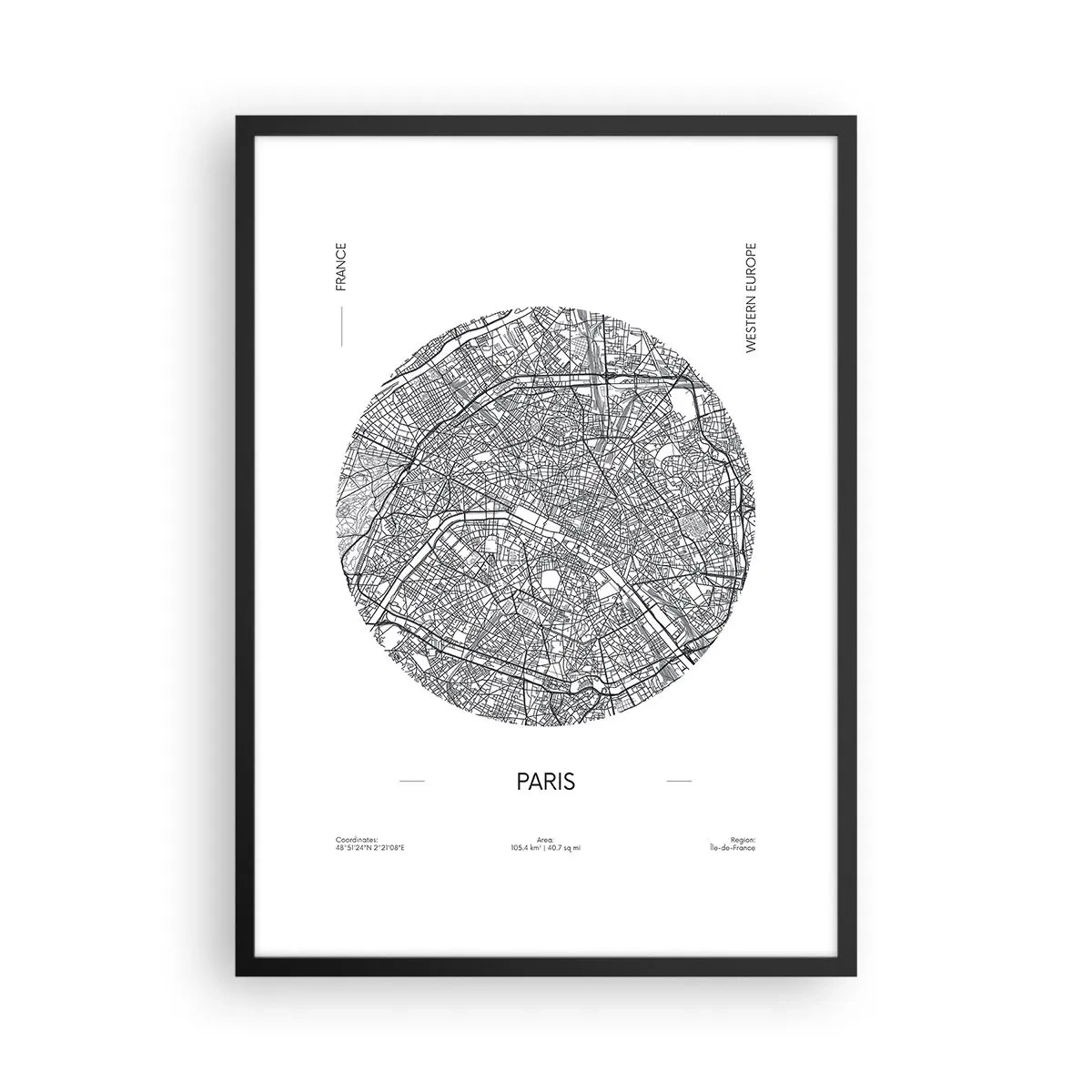 Plakat w czarnej ramie - Minimalistyczna mapa Paryża w okręgu - 50x70cm - Anatomia Paryża - Nowoczesna dekoracja ścienna do salonu i sypialni ARTTOR