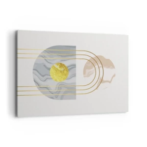 Obraz na płótnie - Abstrakcyjna kompozycja z okręgami i złotymi liniami na jasnym tle - 100x70cm - Jasność i blask - Nowoczesna dekoracja ścienna do salonu, kuchni i sypialni ARTTOR