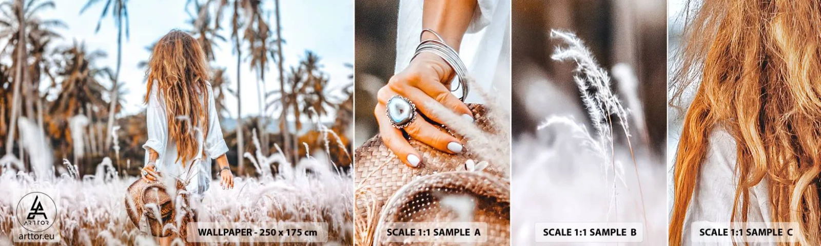 Fototapeta Próbka Samoprzylepna Deluxe Sticker - Zrodzona z puchu traw - Kobieta, Vintage, Boho - 100x30 cm