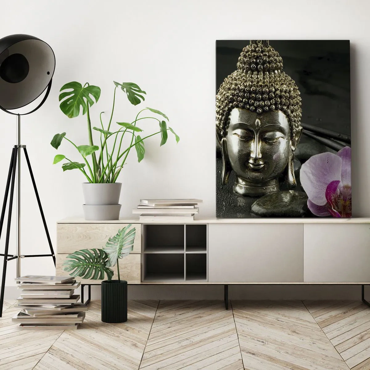 Obraz na płótnie - Posążek Buddy z orchideą i pałeczkami na tle kamieni - 80x120cm - Harmonia mądrości i piękna - Nowoczesna dekoracja ścienna do salonu i sypialni ARTTOR