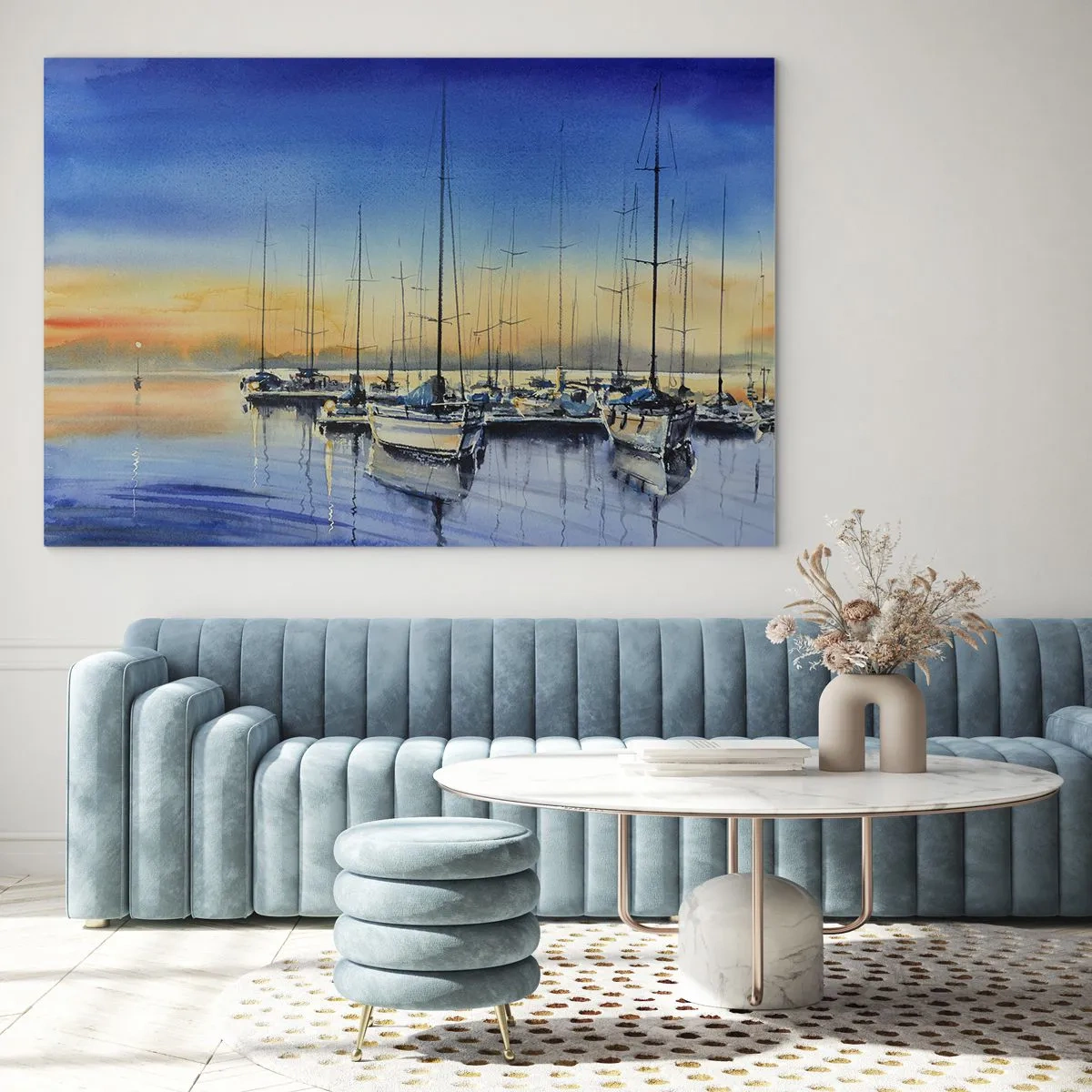 Obraz na szkle - Żaglówki w porcie o zachodzie słońca - 70x50cm - Koniec dobrego dnia - Nowoczesna dekoracja ścienna do salonu i sypialni ARTTOR