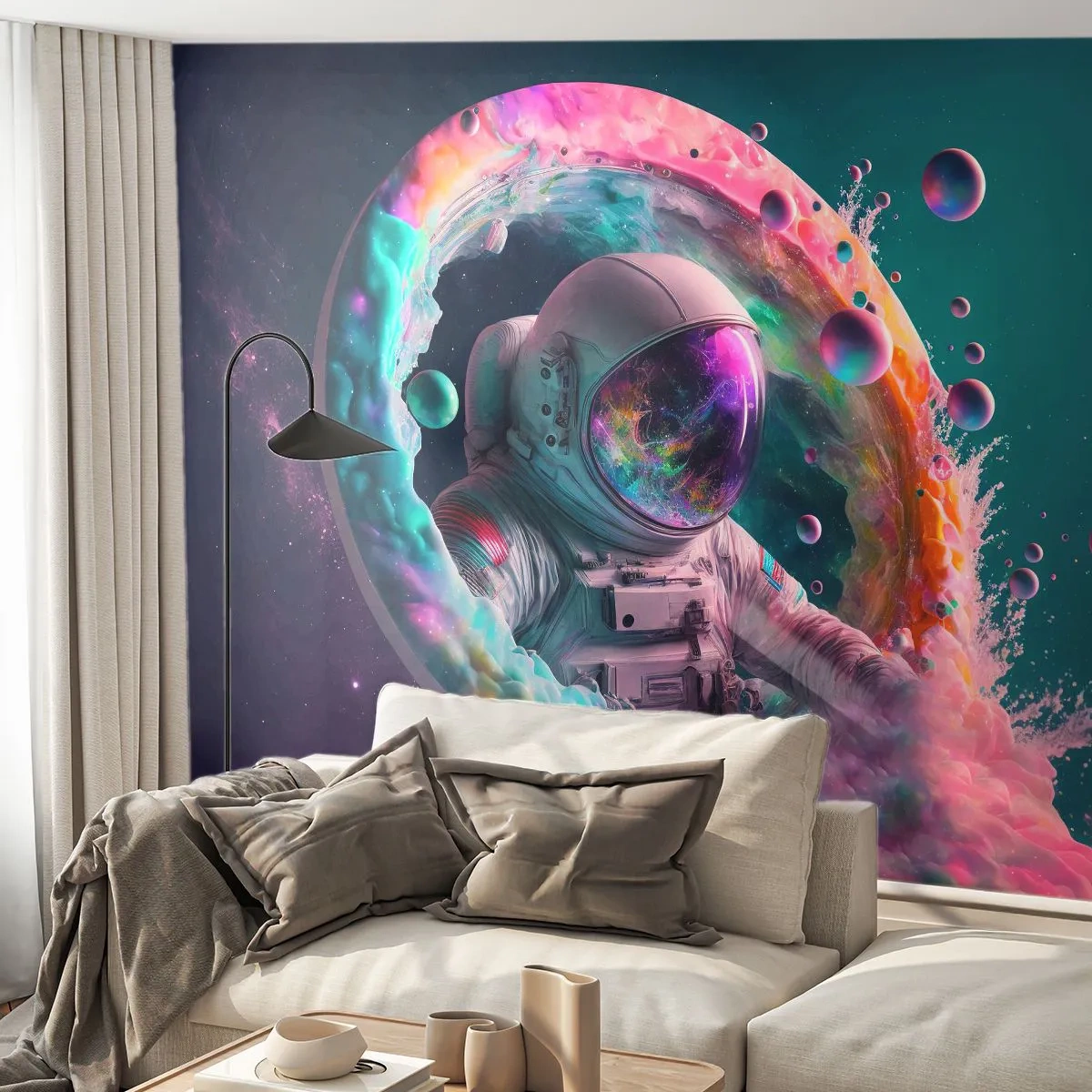 Fototapeta Premium Sand - Astronauta wśród kolorowej galaktycznej eksplozji - 100x70cm - Gwiezdne wrota - Nowoczesna dekoracja ścienna do salonu, kuchni i sypialni ARTTOR