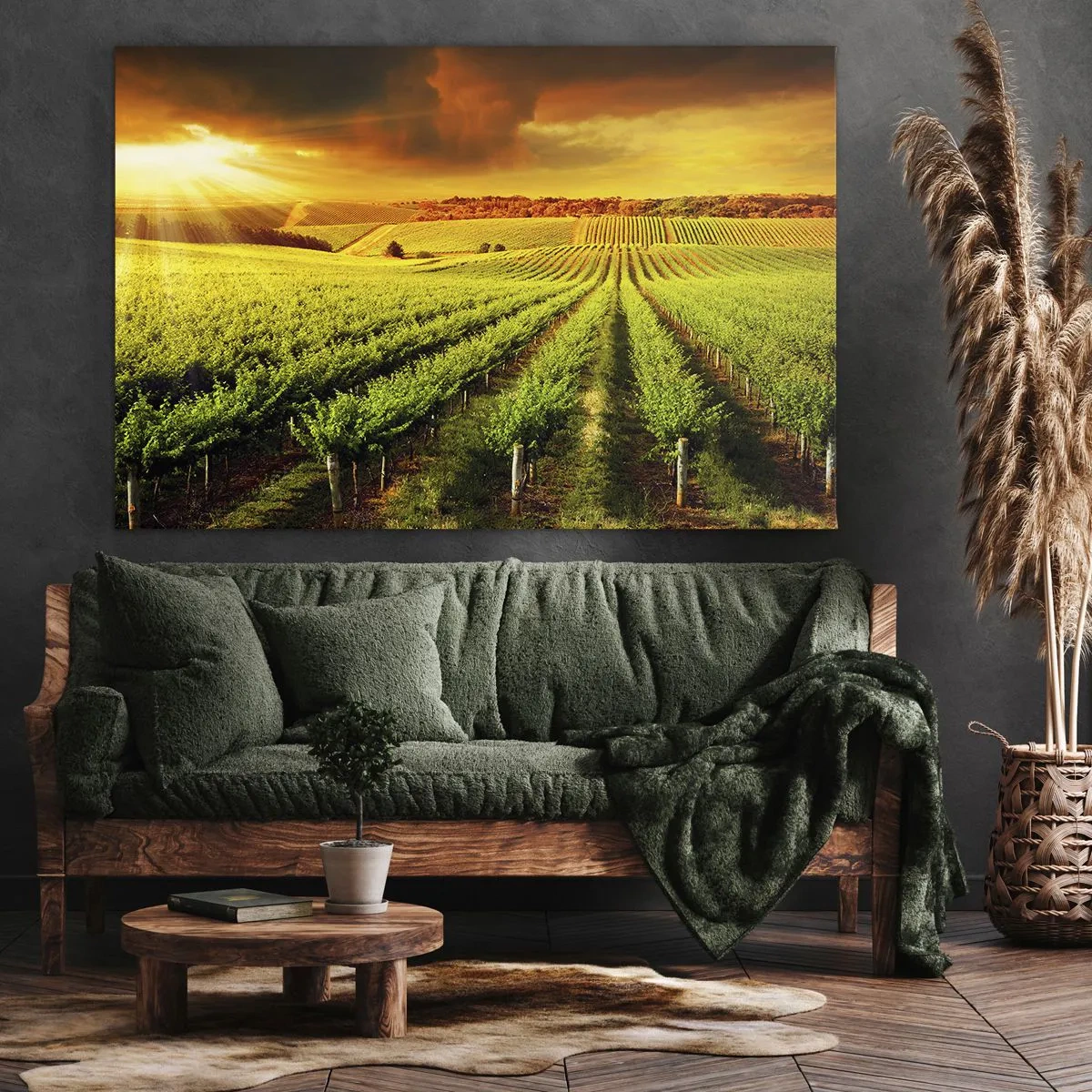 Obraz na płótnie - Złociste winnice oświetlone promieniami słońca - 70x50cm - Pod australijskim słońcem - Nowoczesna dekoracja ścienna do salonu i sypialni ARTTOR