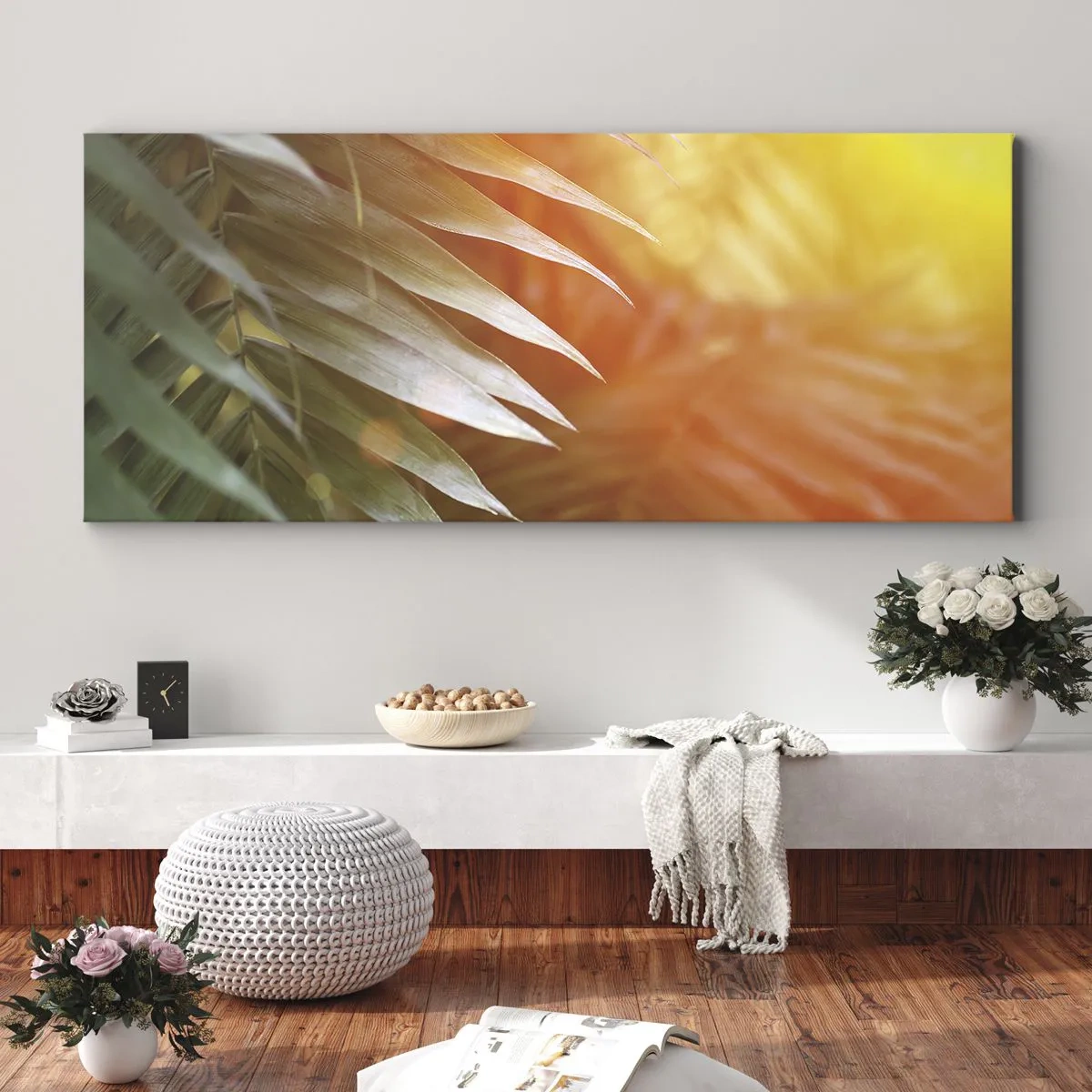 Obraz na płótnie - Liście palmy w promieniach słońca o zachodzie - 160x50cm - Poranek w dżungli - Nowoczesna dekoracja ścienna do salonu i sypialni ARTTOR