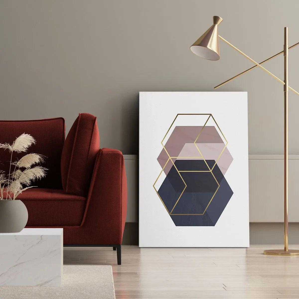Obraz na płótnie - Geometryczna kompozycja z sześciokątów w odcieniach granatu, różu i złota - 50x70cm - Siła prostoty - Nowoczesna dekoracja ścienna do salonu, kuchni i sypialni ARTTOR