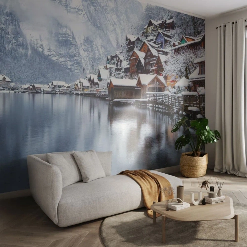 Fototapeta Premium Sand - Zimowy widok górskiej wioski nad jeziorem z odbiciem w wodzie - 100x70cm - W zimowej dekoracji - Nowoczesna dekoracja ścienna do salonu, kuchni i sypialni ARTTOR