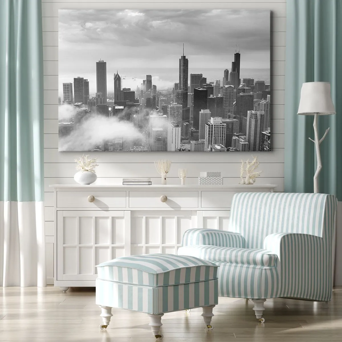 Obraz na płótnie - Panorama miasta z wieżowcami w chmurach w czerni i bieli - 70x50cm - Pejzaż amerykański - Nowoczesna dekoracja ścienna do salonu i sypialni ARTTOR