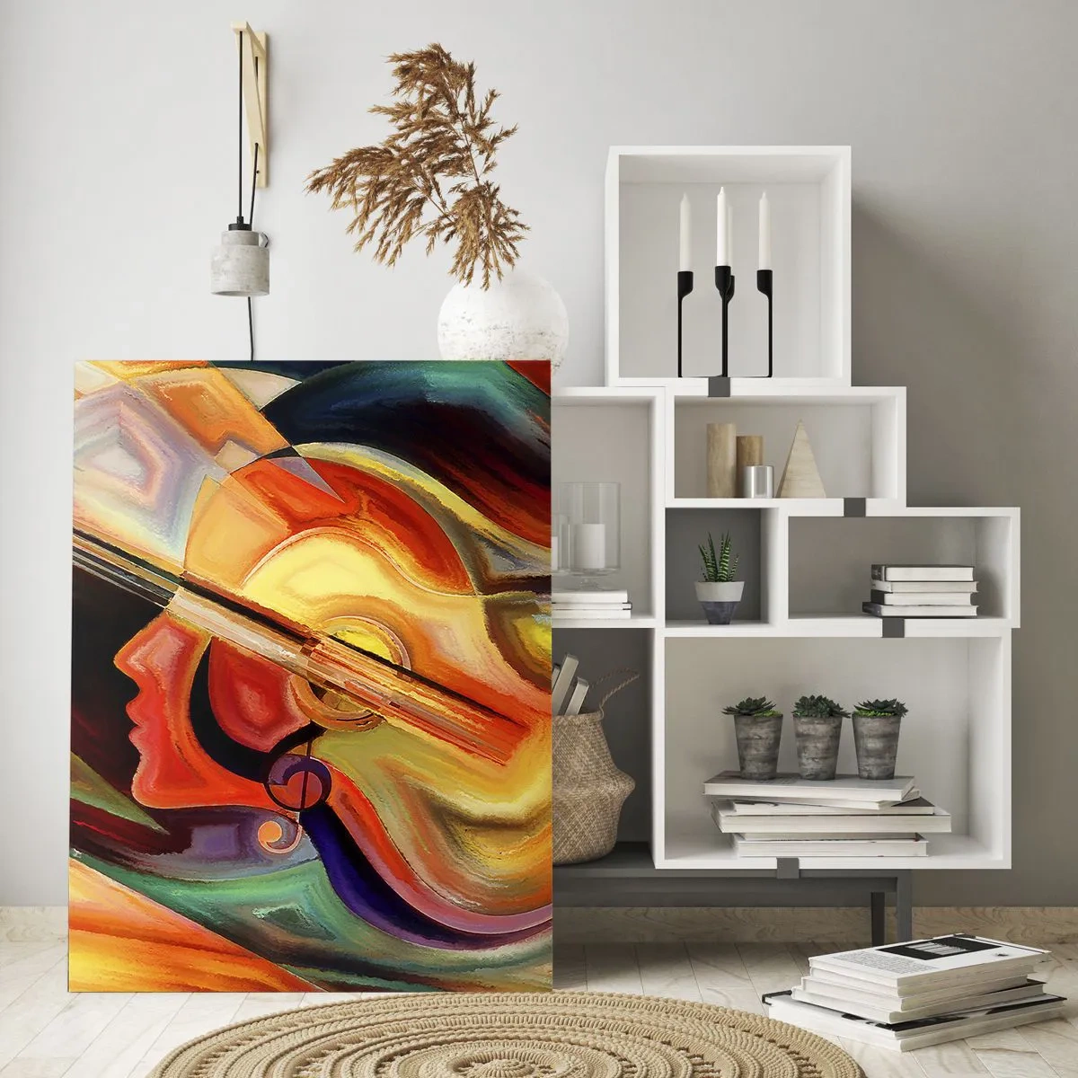 Obraz na szkle - Abstrakcyjny portret z gitarą w tle i nutami - 50x70cm - Wszystko gra - Nowoczesna dekoracja ścienna do salonu, kuchni i sypialni ARTTOR