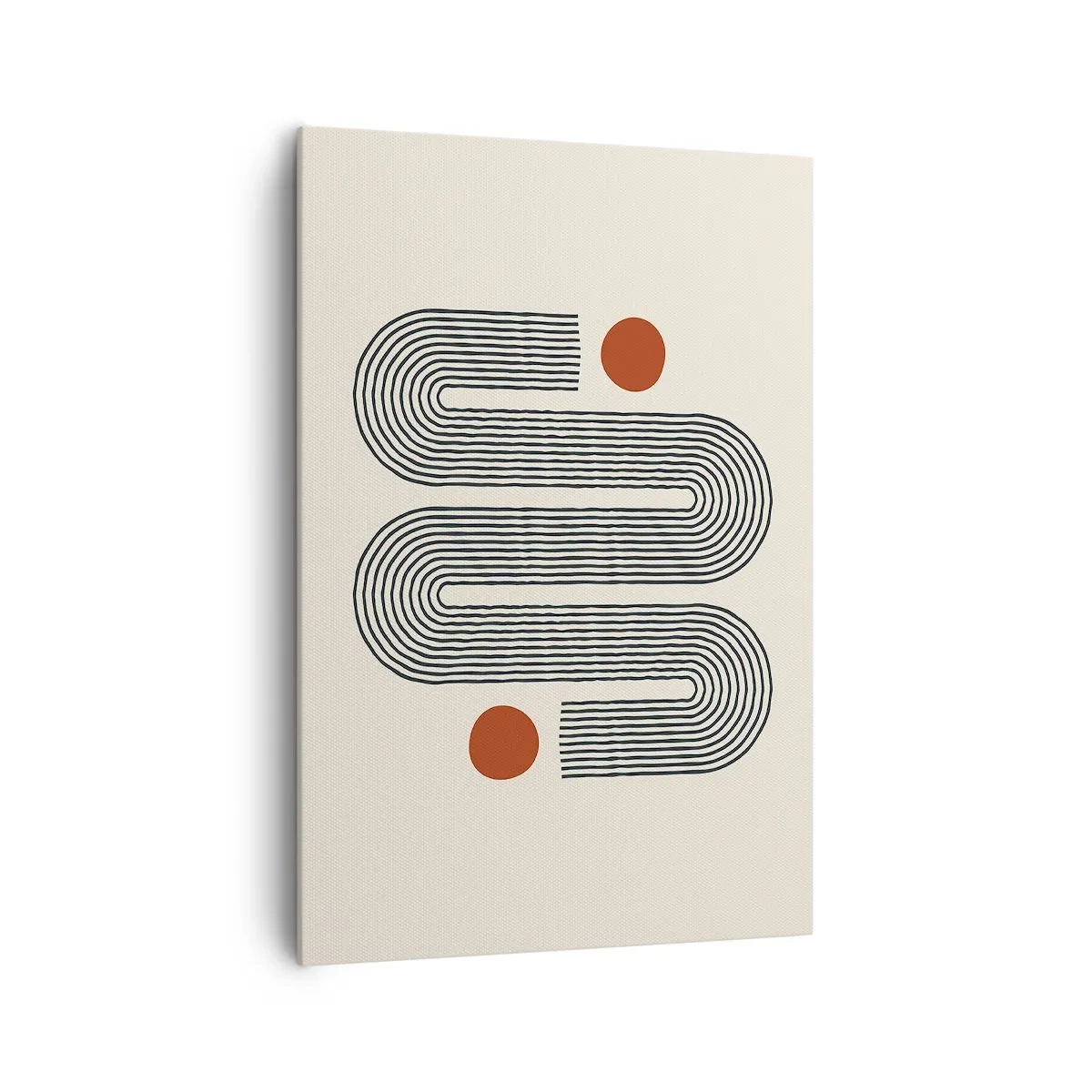 Obraz na płótnie - Geometryczny wzór z liniami i pomarańczowymi okręgami - 70x100cm - Od początku do końca - Nowoczesna dekoracja ścienna do salonu i sypialni ARTTOR