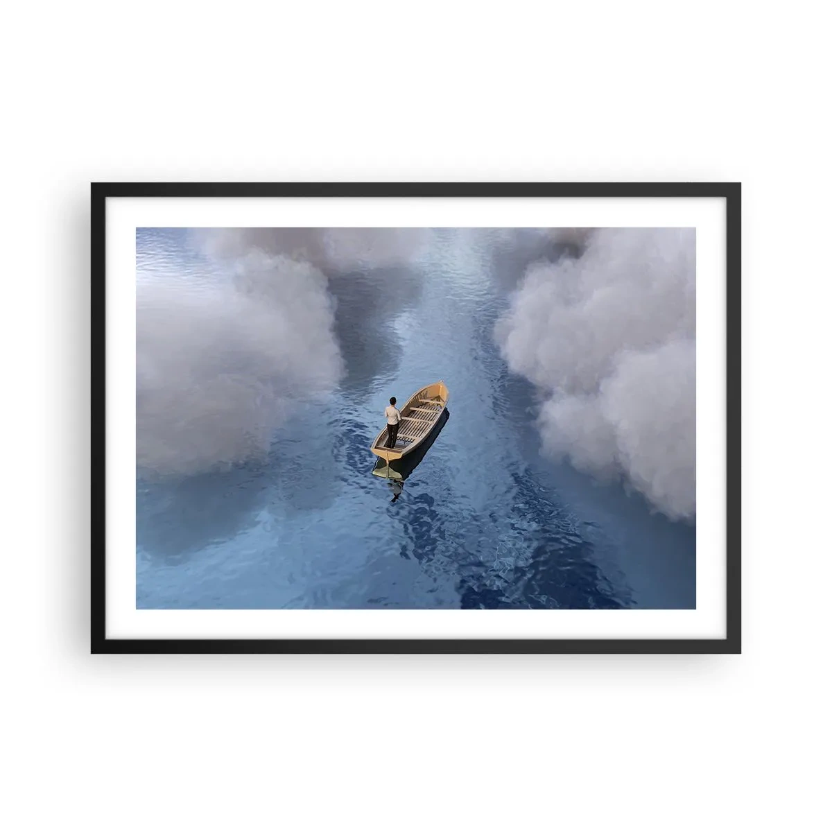 Plakat w czarnej ramie - Mężczyzna w łódce na spokojnym morzu otoczonym chmurami - 70x50cm - Życie – podróż – niewiadoma - Nowoczesna dekoracja ścienna do salonu i sypialni ARTTOR