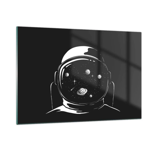 Obraz na szkle - Astronauta z gwiazdami i planetami w hełmie na czarnym tle - 120x80cm - Niezły widok - Nowoczesna dekoracja ścienna do salonu, kuchni i sypialni ARTTOR