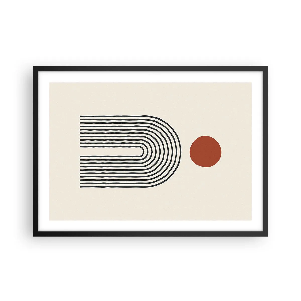 Plakat w czarnej ramie - Nowoczesny abstrakcyjny wzór z liniami i czerwonym okręgiem - 70x50cm - Magnetyzm kształtów i barw - Nowoczesna dekoracja ścienna do salonu i sypialni ARTTOR