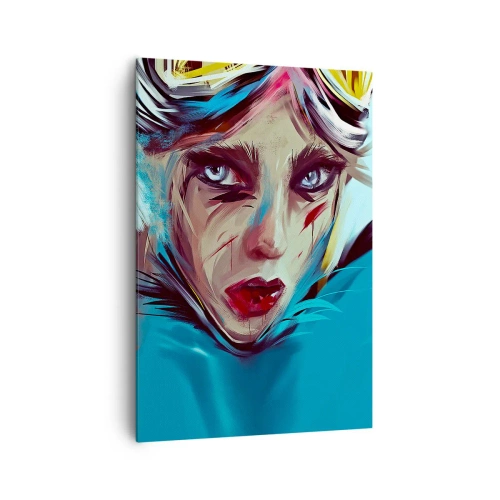 Obraz na płótnie - Portret kobiety w dynamicznych kolorach i abstrakcyjnym stylu - 70x100cm - Wojowniczka szos - Nowoczesna dekoracja ścienna do salonu i sypialni ARTTOR
