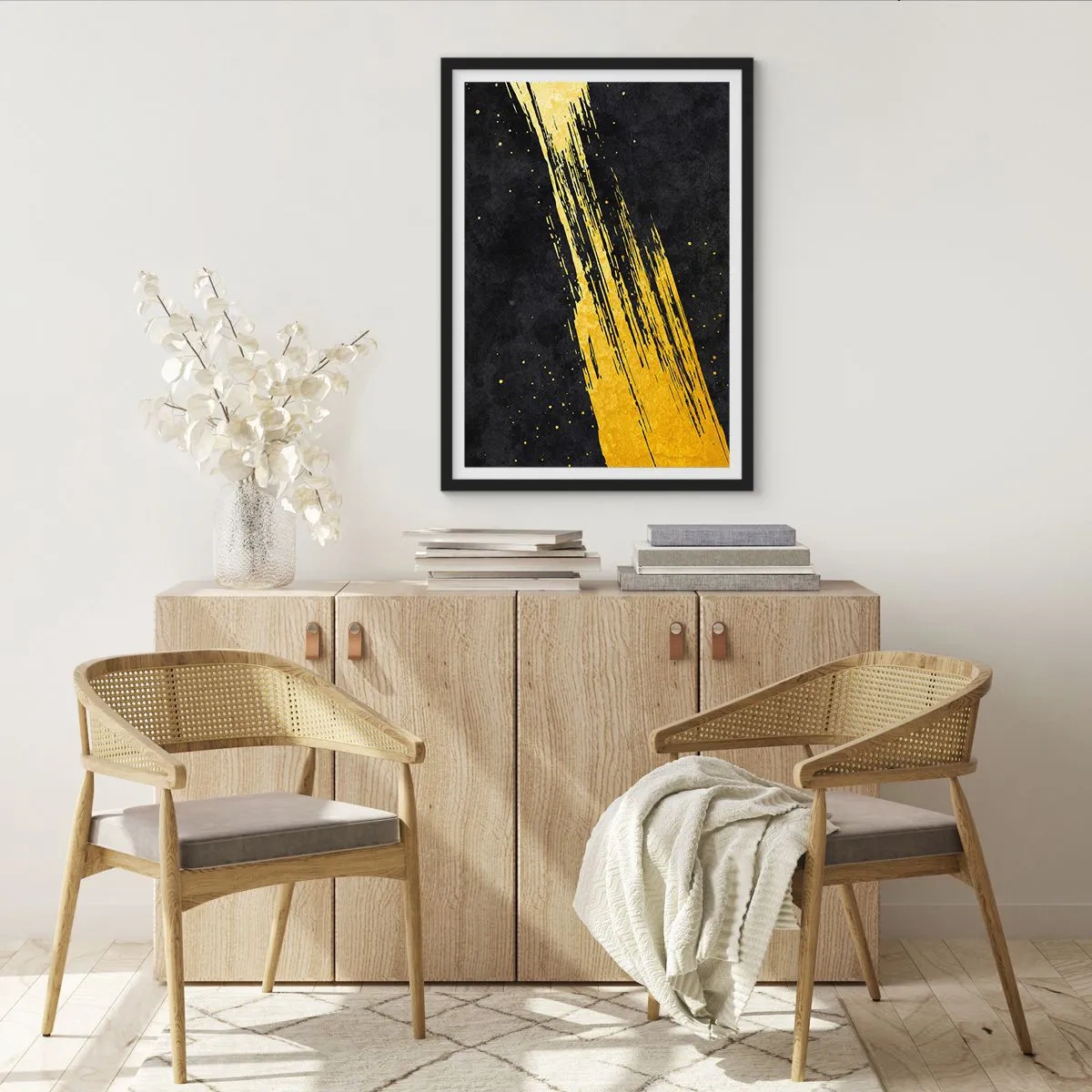 Plakat w czarnej ramie - Złote pociągnięcia pędzla na czarnym tle - 50x70cm - Skok w nadprzestrzeń - Nowoczesna dekoracja ścienna do salonu i sypialni ARTTOR