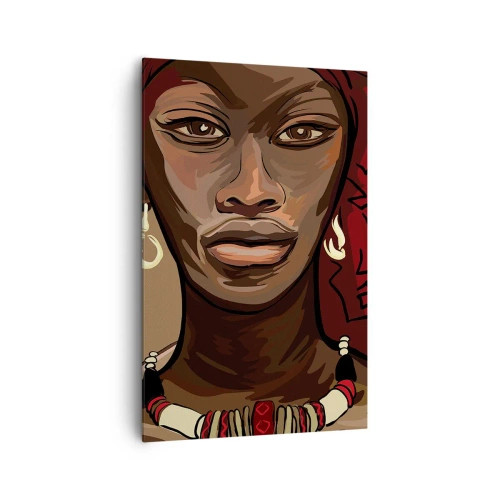 Obraz na płótnie - Portret kobiety z czerwonym turbanem na beżowym tle - 80x120cm - Hebanowa Wenus - Nowoczesna dekoracja ścienna do salonu i sypialni ARTTOR