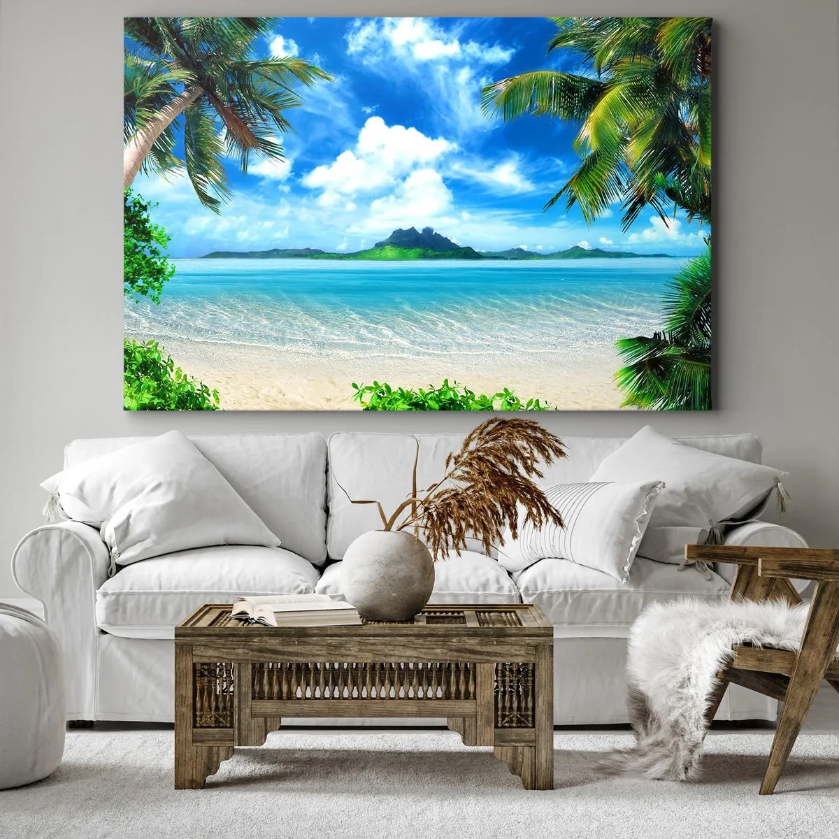Obraz na płótnie - Tropikalna plaża z palmami i widokiem na wyspę - 100x70cm - Lazur tropików - Nowoczesna dekoracja ścienna do salonu, kuchni i sypialni ARTTOR