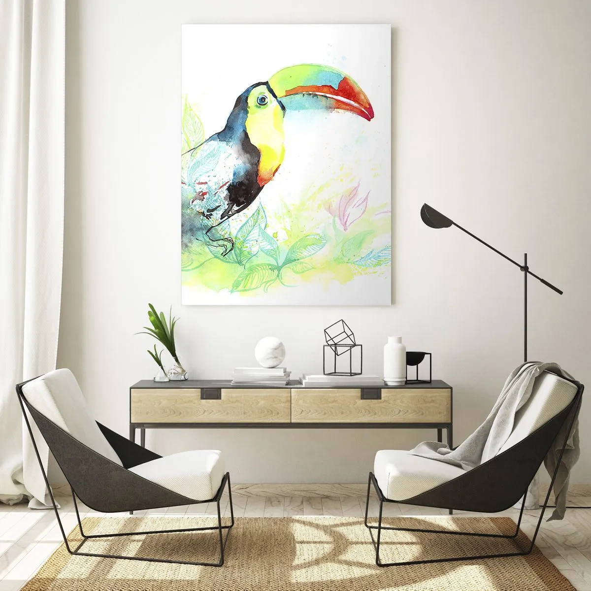 Obraz na szkle - Kolorowy tukan w akwarelowej scenerii z liśćmi - 50x70cm - Barwny jak Ameryka Południowa - Nowoczesna dekoracja ścienna do salonu, kuchni i sypialni ARTTOR