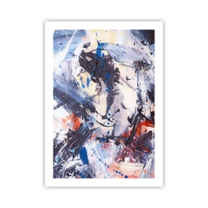 Plakat - Abstrakcyjna kompozycja w odcieniach niebieskiego i pomarańczowego - 50x70cm - Szalony taniec abstrakcji - Nowoczesna dekoracja ścienna do salonu, kuchni i sypialni ARTTOR