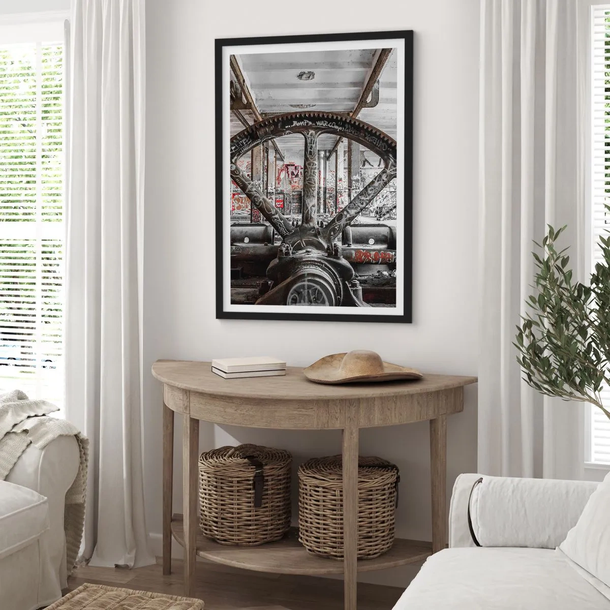 Plakat w czarnej ramie - Industrialna maszyna z graffiti w opuszczonej fabryce - 50x70cm - Sekretne życie fabryki - Nowoczesna dekoracja ścienna do salonu i sypialni ARTTOR