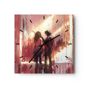 Zegar ścienny - Para stojąca w ciepłym świetle na tle abstrakcyjnych wzorów - 30x30cm - Odwieczny spektakl miłości - Nowoczesna dekoracja ścienna do salonu i sypialni ARTTOR