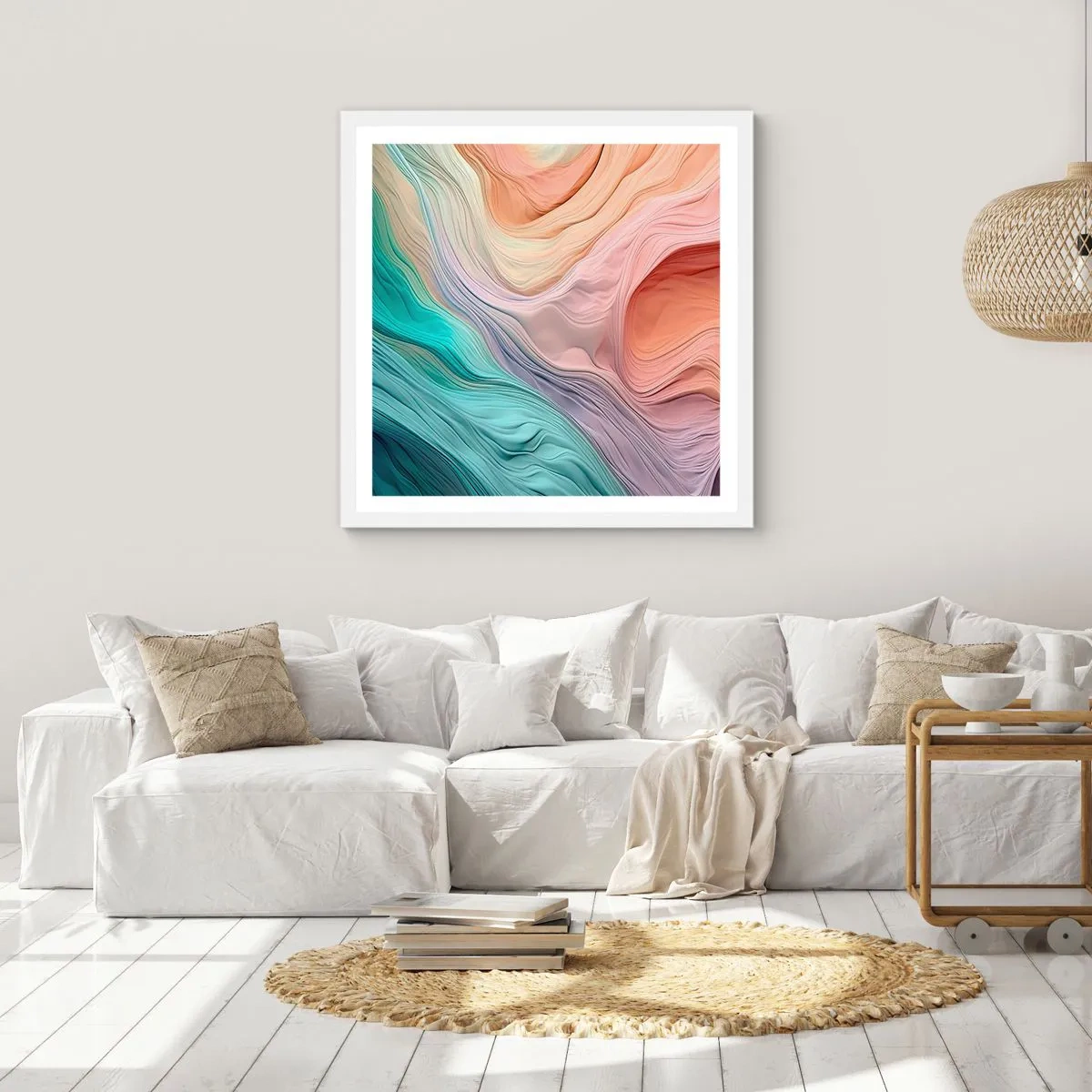 Plakat w białej ramie - Tęczowa fala - 50x50 cm