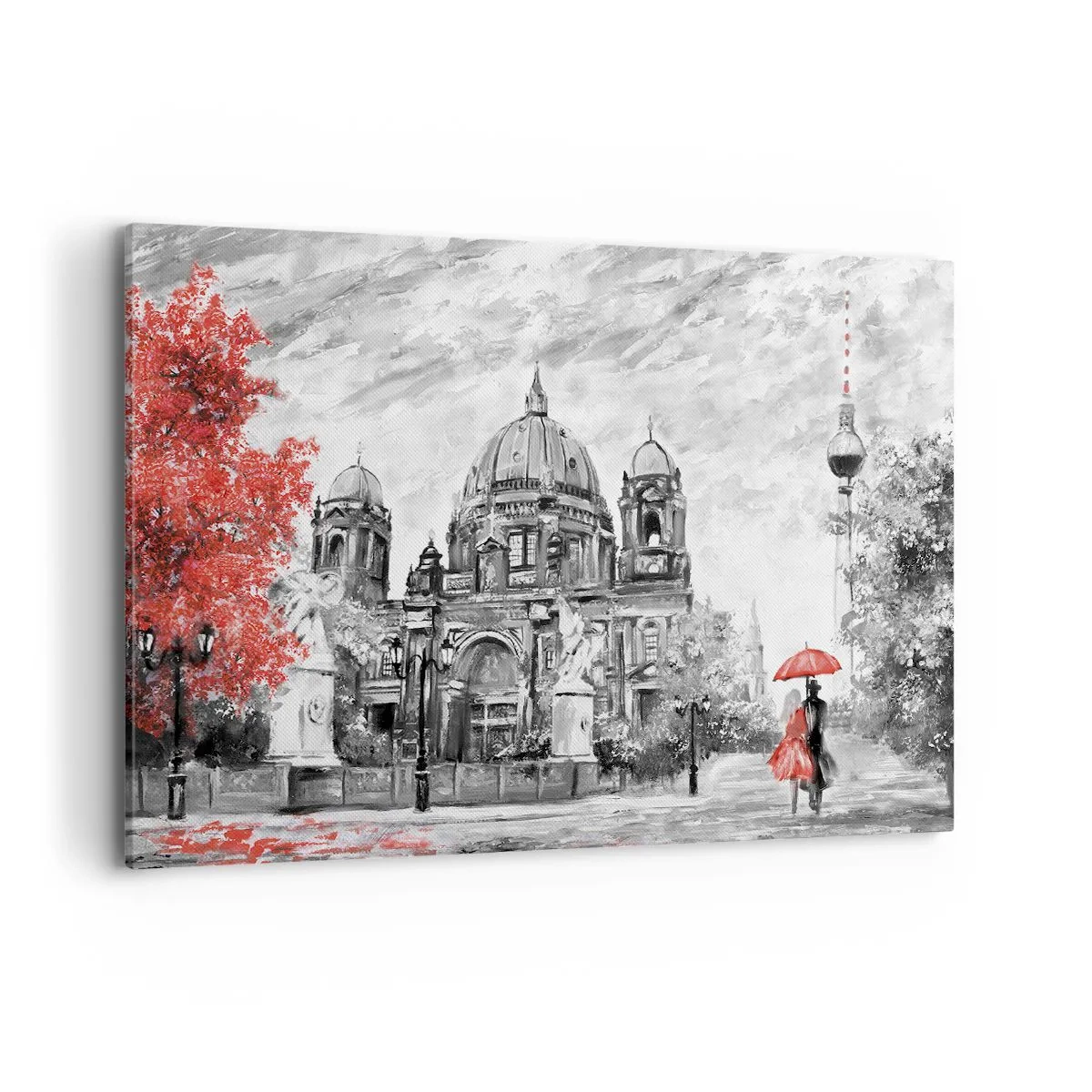 Obraz na płótnie - Czarno-biała scena z Berlinem, czerwonym parasolem i drzewem - 120x80cm - Berlińskie spotkanie - Nowoczesna dekoracja ścienna do salonu, kuchni i sypialni ARTTOR
