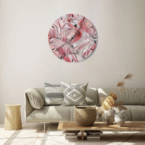 Zegar ścienny - Różowe flamingi w dynamicznej, artystycznej kompozycji - 30x30cm - Ptasi corps de ballet - Nowoczesna dekoracja ścienna do salonu, kuchni i sypialni ARTTOR