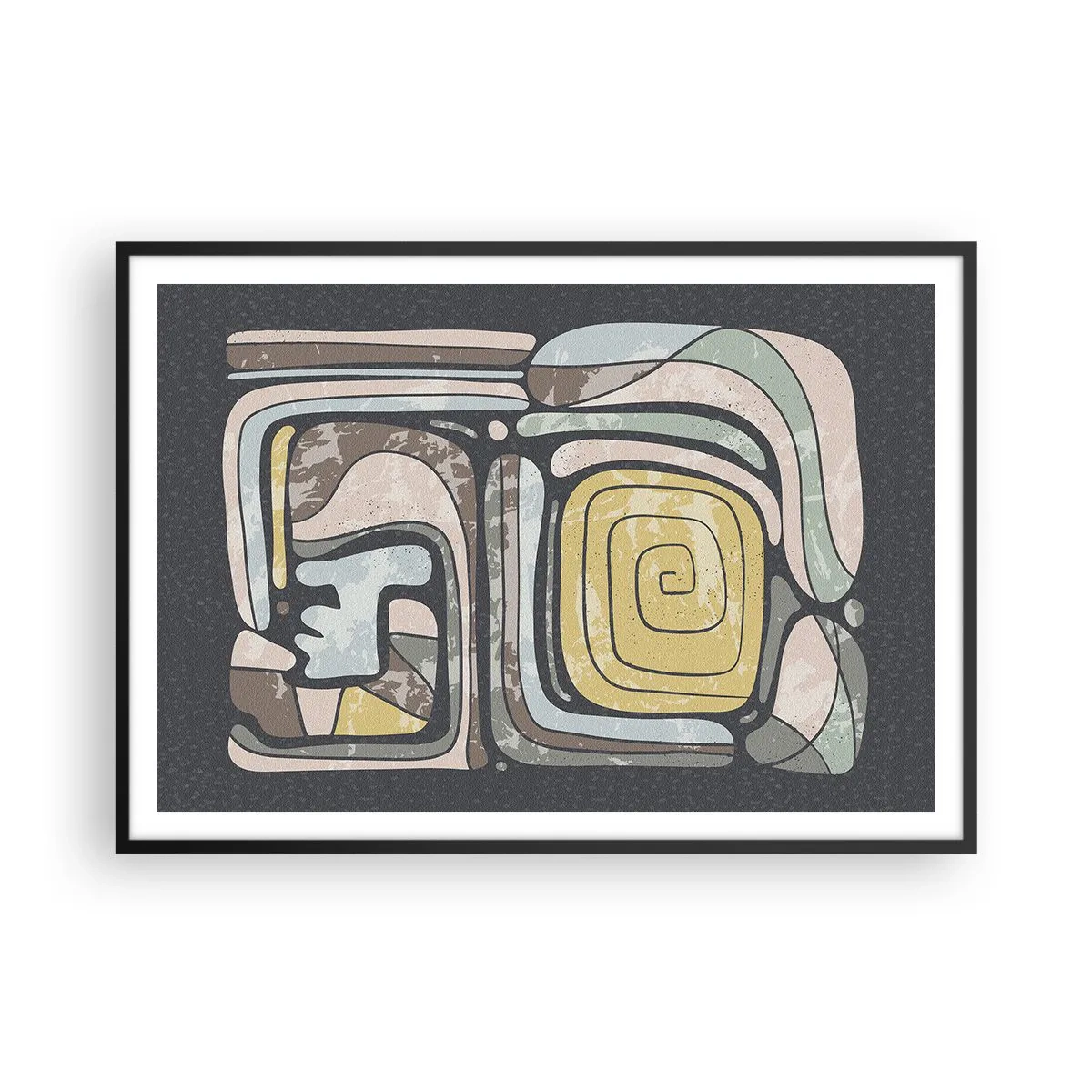 Plakat w czarnej ramie - Prekolumbijskie wzory w pastelowych kolorach na ciemnym tle - 100x70cm - Abstrakcja w duchu prekolumbijskim - Nowoczesna dekoracja ścienna do salonu i sypialni ARTTOR