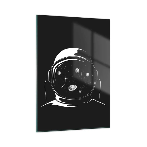 Obraz na szkle - Astronauta z gwiazdami i planetami w hełmie na czarnym tle - 50x70cm - Niezły widok - Nowoczesna dekoracja ścienna do salonu, kuchni i sypialni ARTTOR