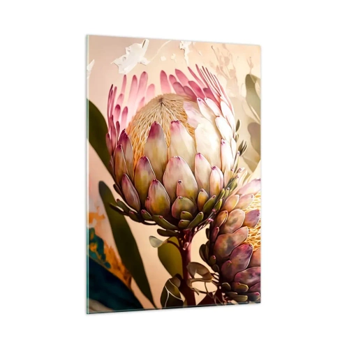Obraz na szkle - Kwiaty protei w ciepłej tonacji i miękkim świetle - 50x70cm - Czule objęte - Nowoczesna dekoracja ścienna do salonu, kuchni i sypialni ARTTOR