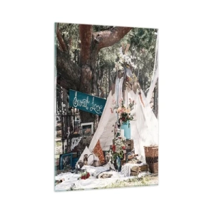 Obraz na szkle - Dekoracja boho z tipi w lesie - 80x120cm - Make love… - Nowoczesna dekoracja ścienna do salonu i sypialni ARTTOR