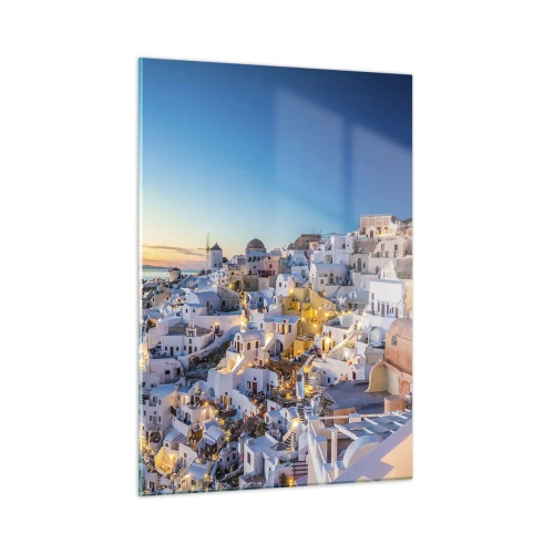 Obraz na szkle - Panorama Santorini o zachodzie słońca - 50x70cm - Esencja greckości - Nowoczesna dekoracja ścienna do salonu, kuchni i sypialni ARTTOR