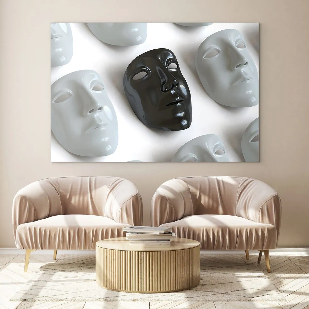 Obraz na szkle - Czarno-biała maska na tle białych masek na jasnym tle - 70x50cm - Jak się wyróżnić? - Nowoczesna dekoracja ścienna do salonu i sypialni ARTTOR