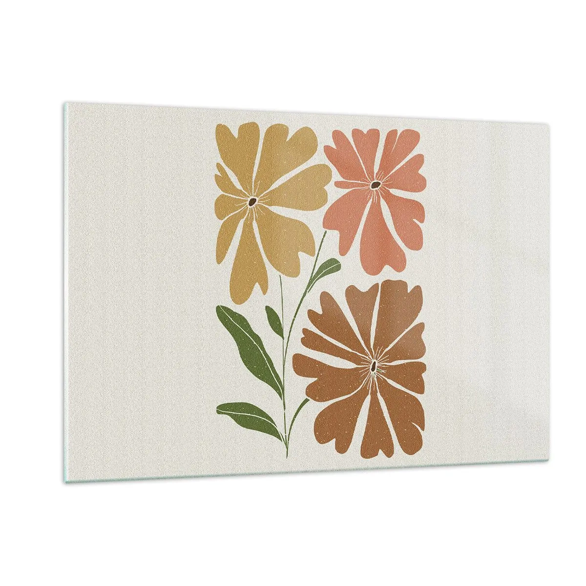 Obraz na szkle - Trzy stylizowane kwiaty w ciepłych barwach na jasnym tle - 120x80cm - Natura i geometria - Nowoczesna dekoracja ścienna do salonu, kuchni i sypialni ARTTOR